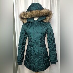 Laundry by Shelli Segal Parka Coat XS Pine Green Faux Fur Hood Knit Collar